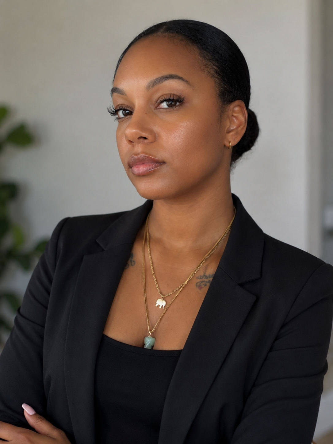 Jerika, CEO of Lashed & Boujee Beauty Co., wearing a black suit and gold necklace