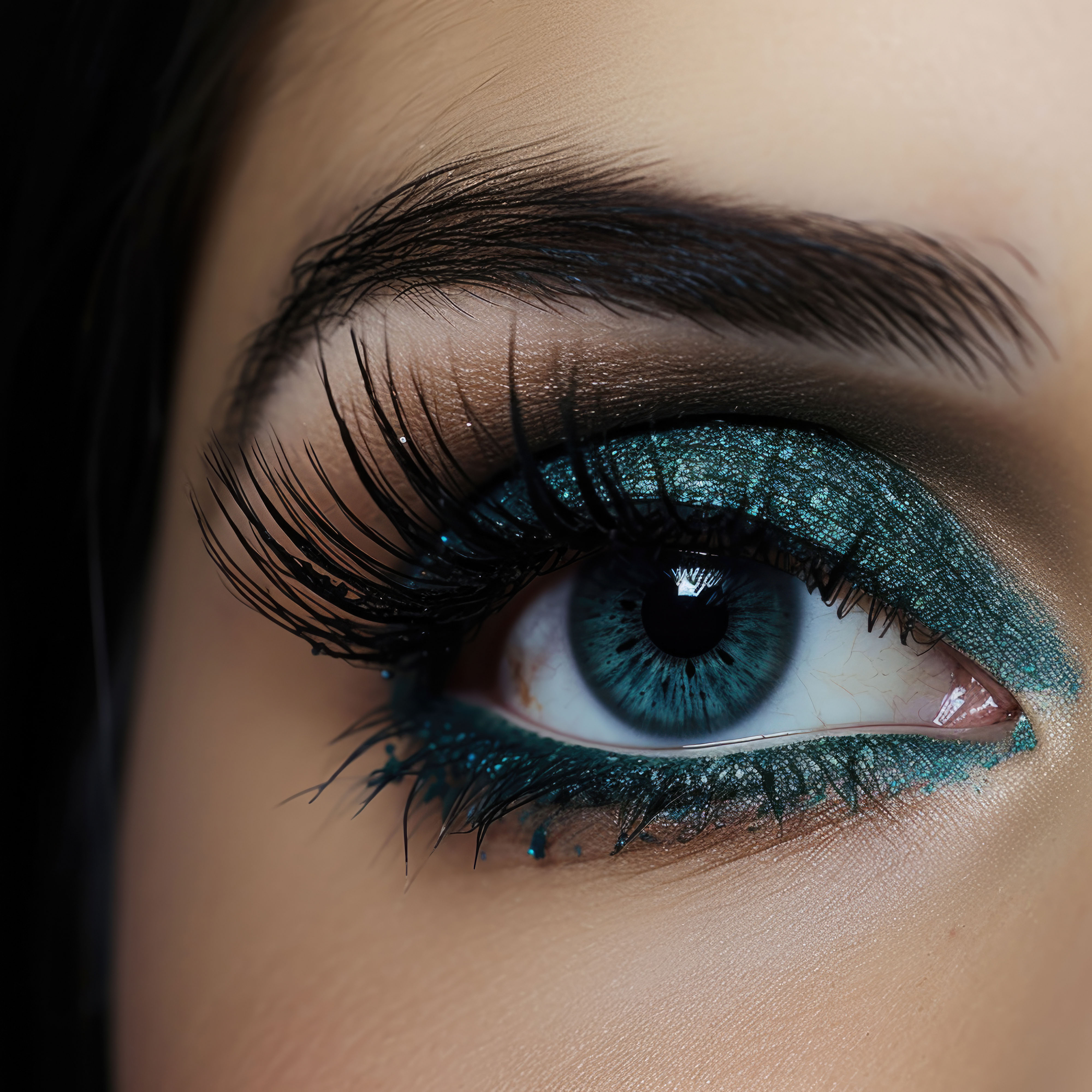 Close-up cinematic shot of a lash artist delicately applying individual volume lash extensions under studio lighting, deep green and gold ambient tones, luxury private studio setting
